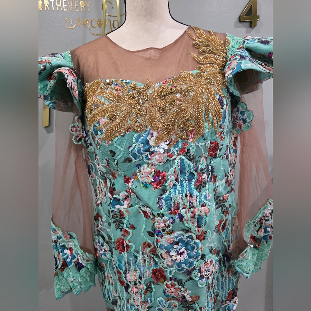Embellished Floral Mint Green Evening Dress